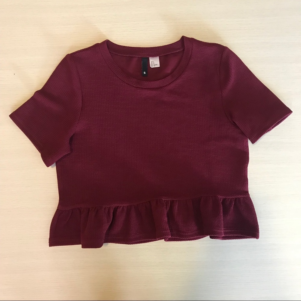 H&M Valentine Peplum Crop Top Textured Garnet